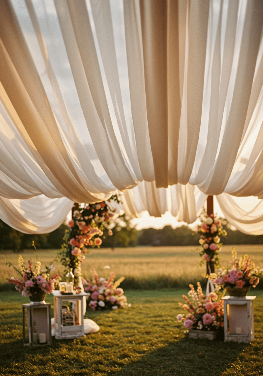 Aerial close-up view of flowing tulle canopy fabric details during golden hour lighting