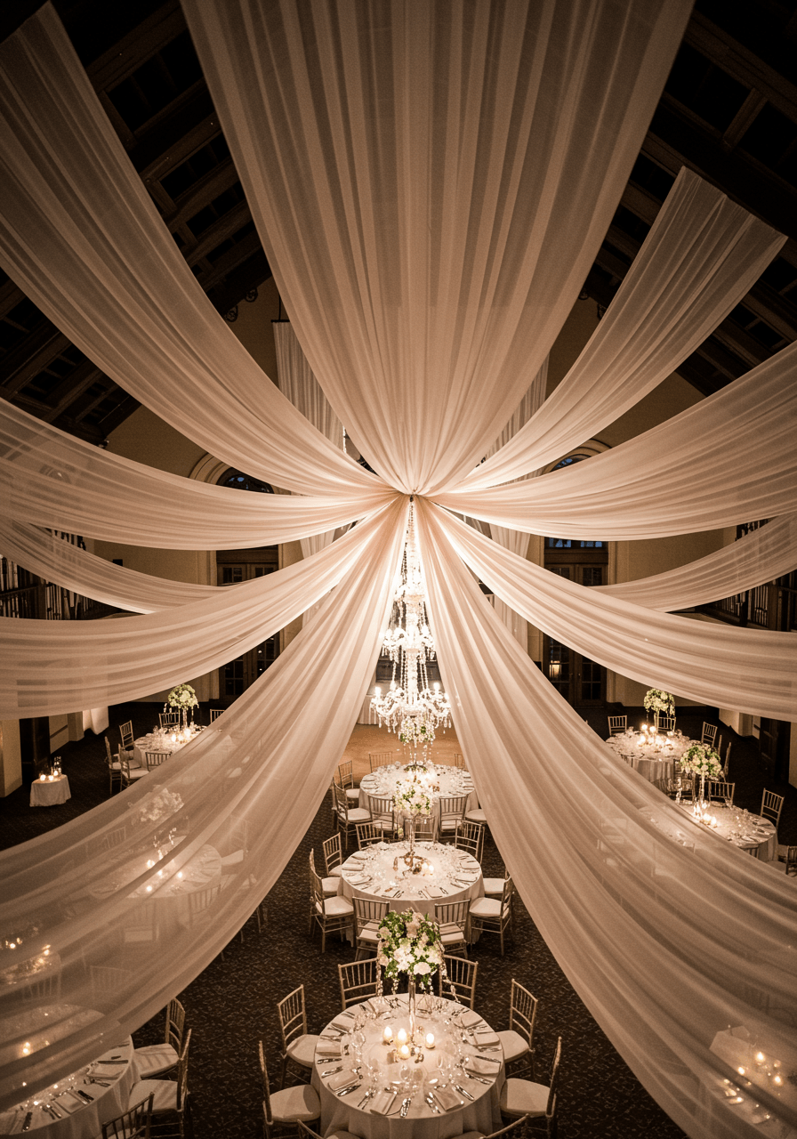 Overhead view of wedding reception with billowing silk fabric cascading from cathedral ceiling during twilight