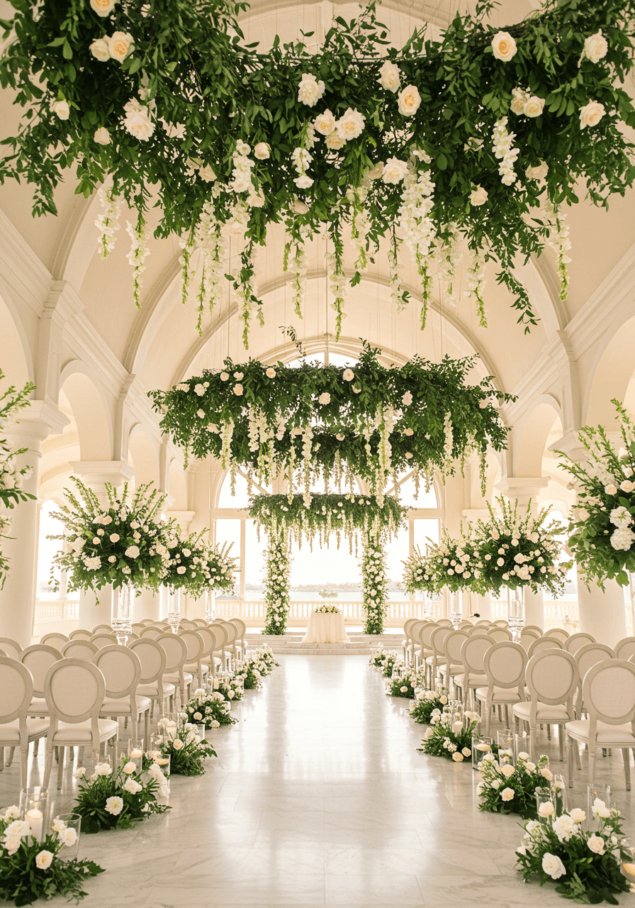 Breathtaking cathedral wedding with ethereal suspended garden of white flowers and greenery floating overhead