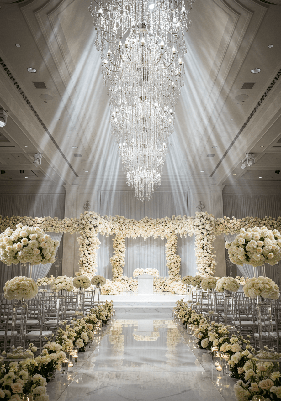 Sacred wedding altar illuminated by cascading beams of white light from ornate crystal chandelier in cathedral venue