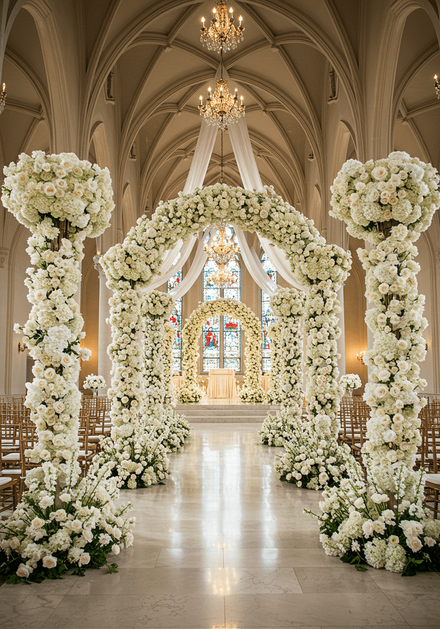 Cathedral wedding with towering sculptural floral installations creating dramatic archways and pillars of white blooms