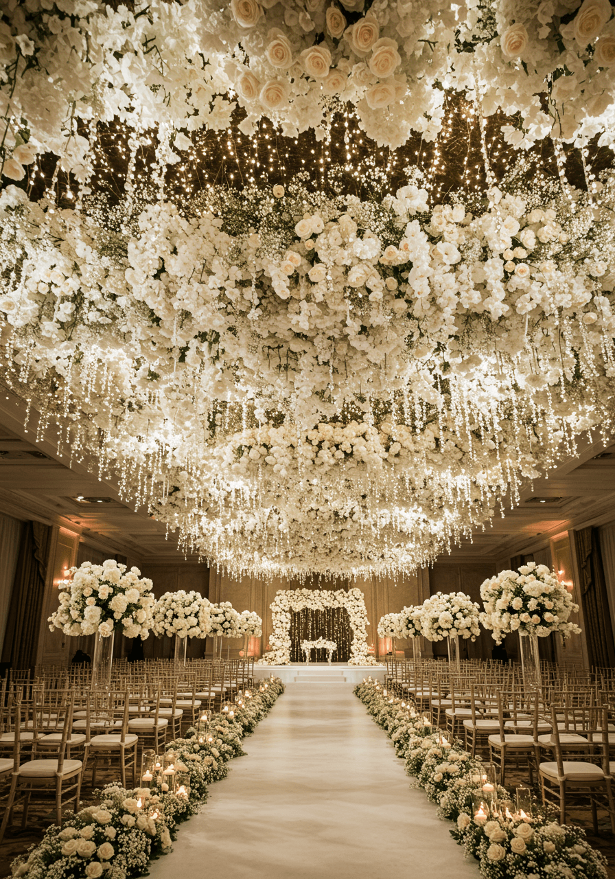 Breathtaking celestial wedding ceremony with twinkling lights and cascading white florals creating starlit canopy effect