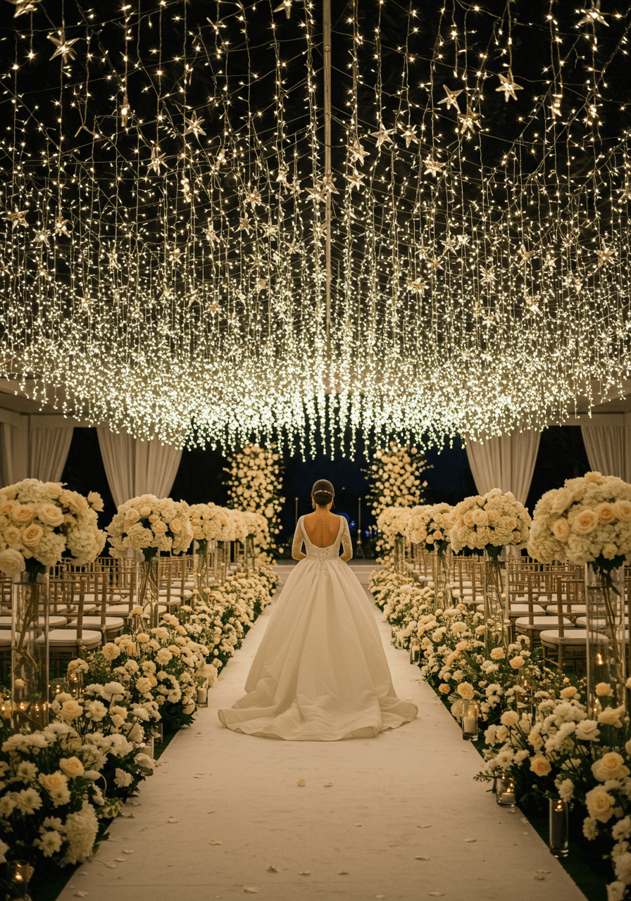 Ethereal bride walking down flower-lined aisle under thousands of twinkling star lights creating celestial canopy