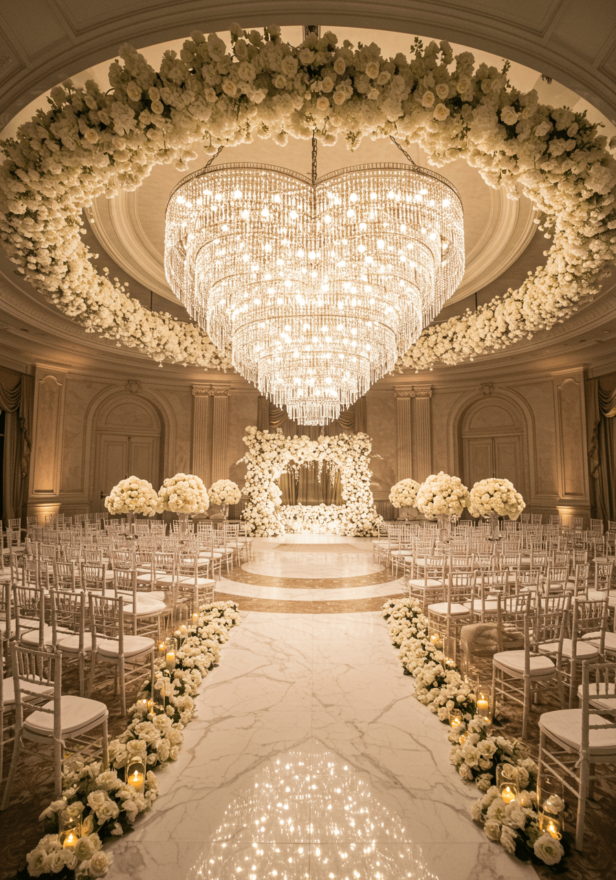 Stunning crystal heart-shaped chandelier suspended above circular wedding ceremony in elegant ballroom