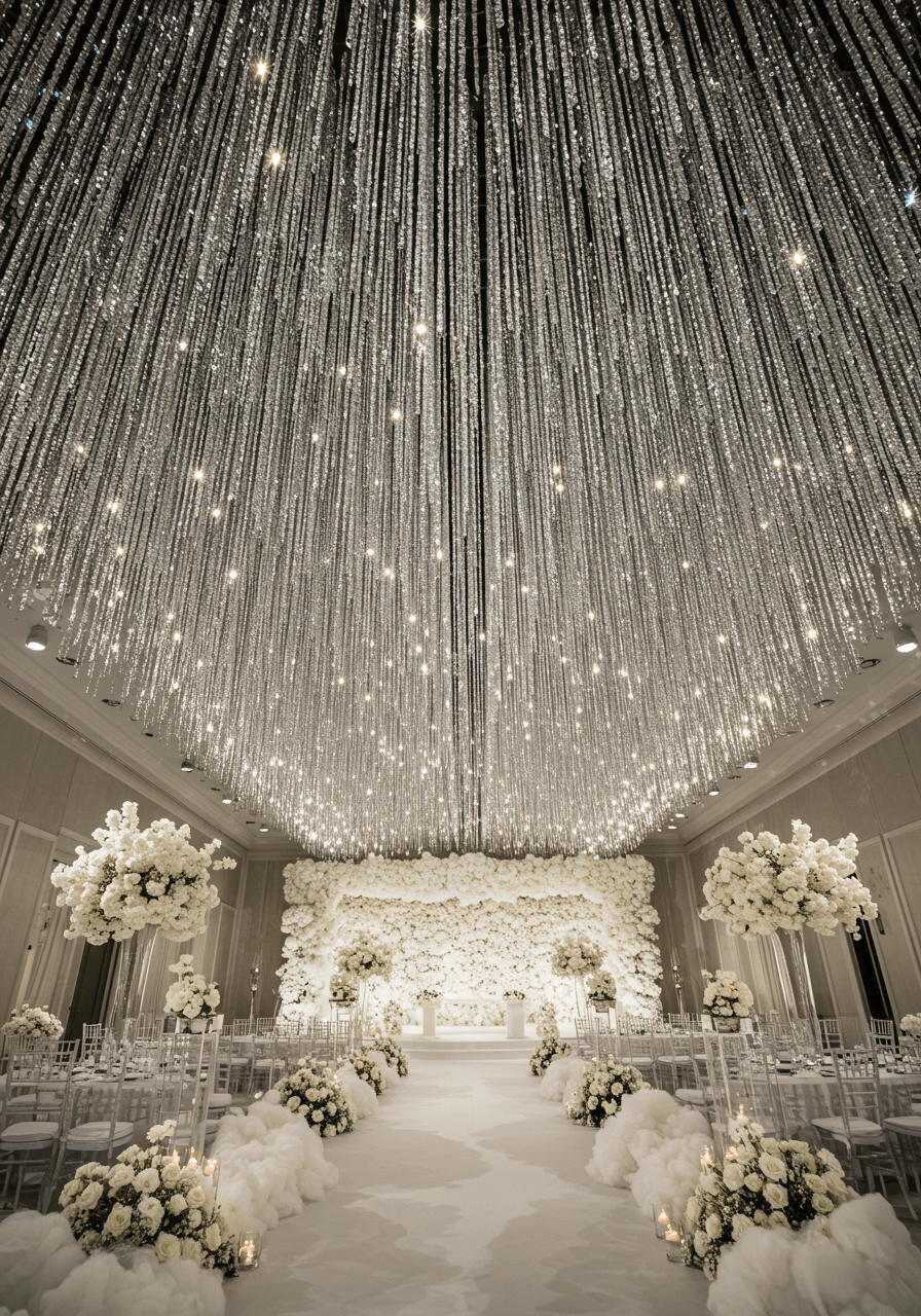 Breathtaking crystal rain installation cascading from cathedral ceiling creating waterfall effect in white wonderland ballroom