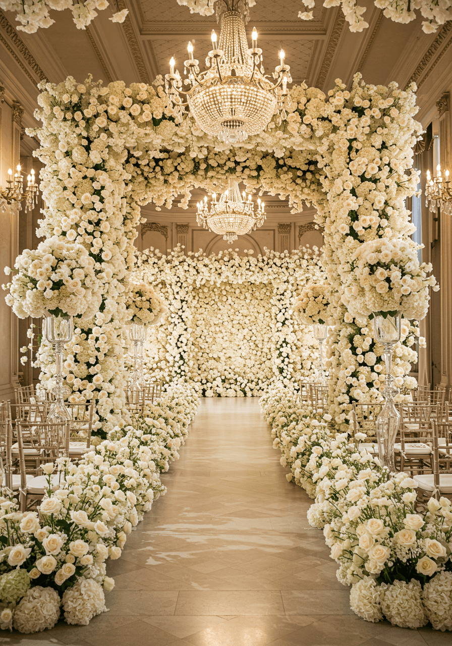 Immersive wedding venue with towering white floral installations creating living walls from floor to ceiling