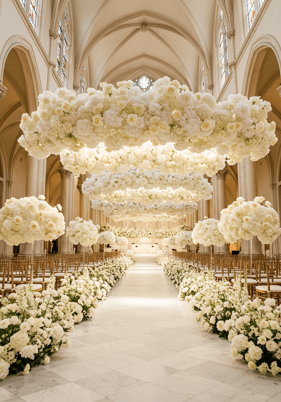 Breathtaking cathedral wedding aisle with massive floating white floral cloud installations creating an ethereal ceremony space