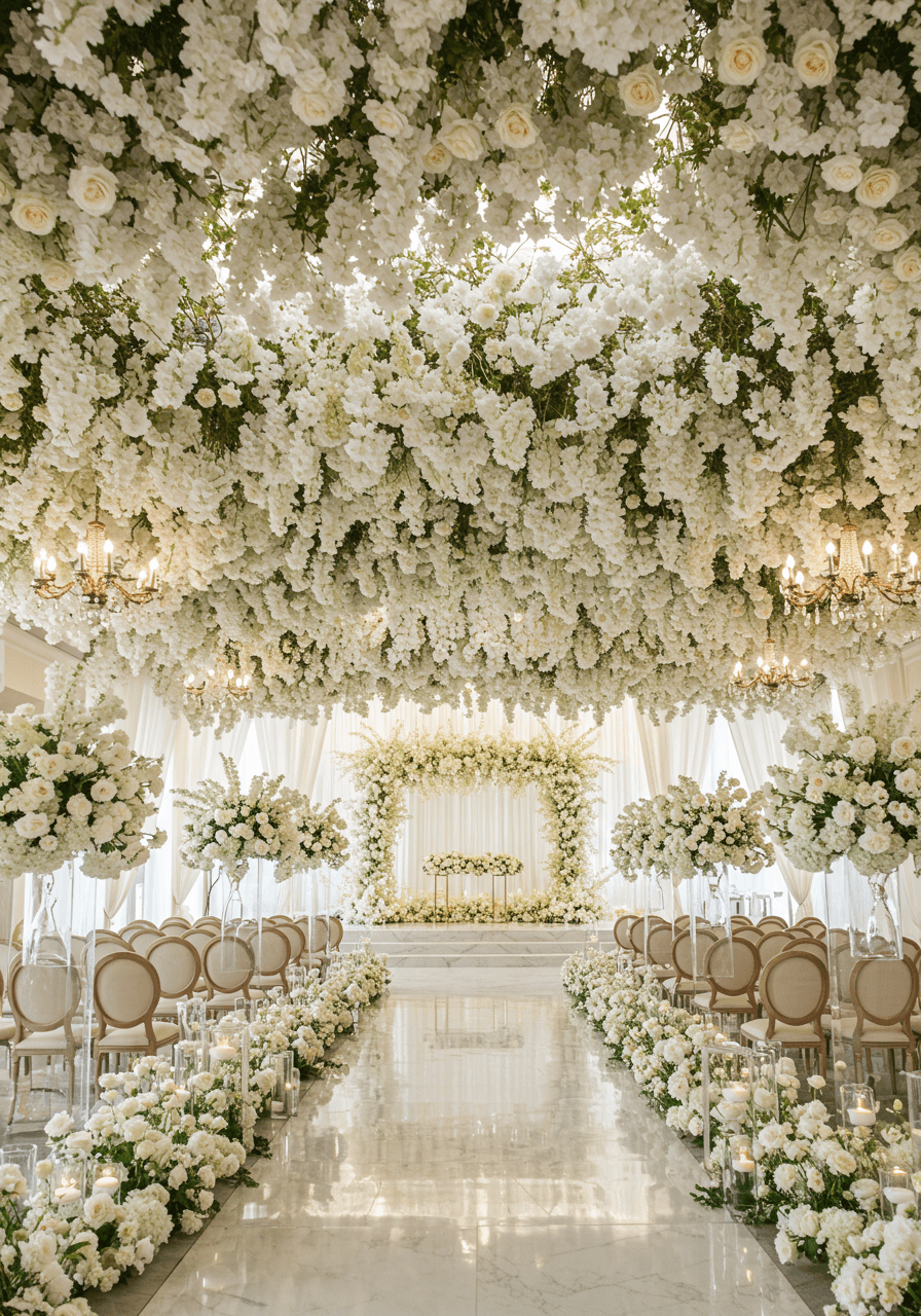 Enchanting ballroom ceremony space enveloped in cascading white blossom canopy creating forest-like atmosphere
