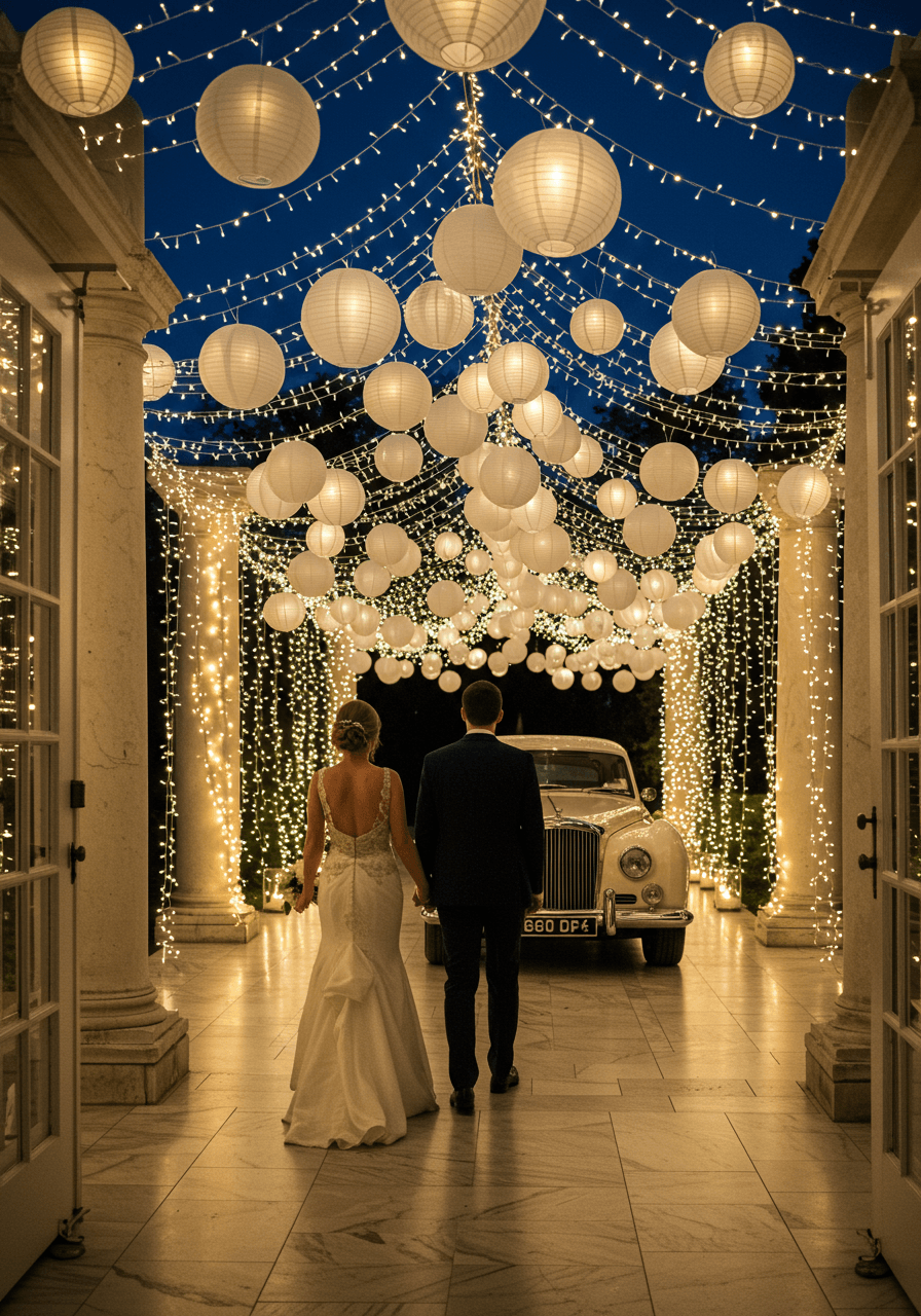 Romantic couple walking through enchanted tunnel of illuminated white paper lanterns towards vintage white Bentley