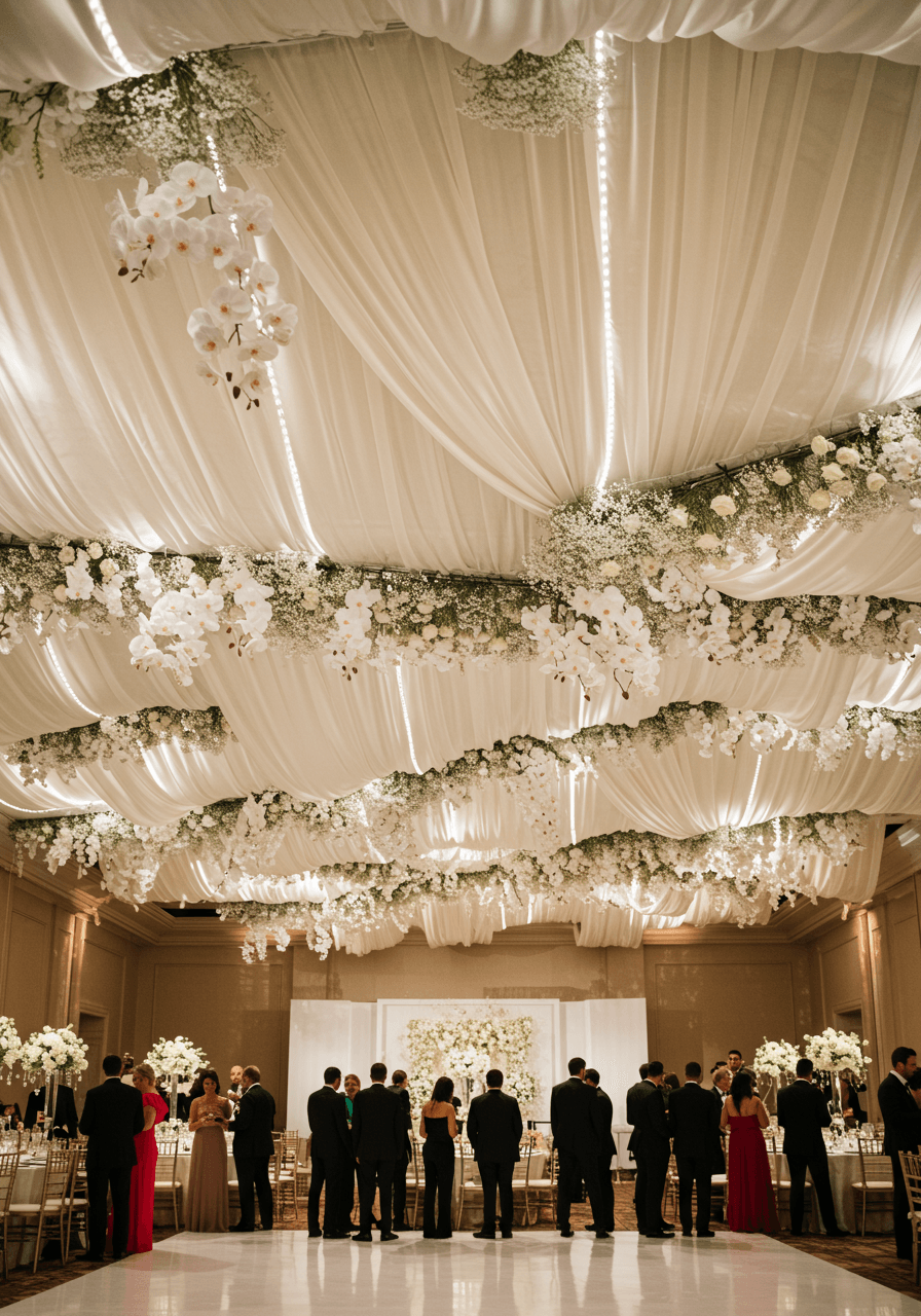 Elegant wedding reception with cascading white silk drapery and orchid installations creating flowing waves overhead