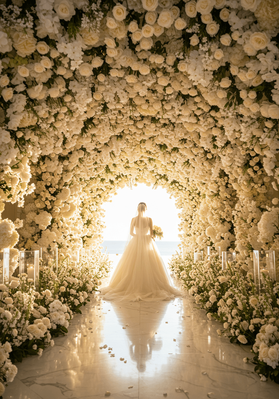 Ethereal bride in flowing gown walking through magnificent white floral tunnel archway during golden hour