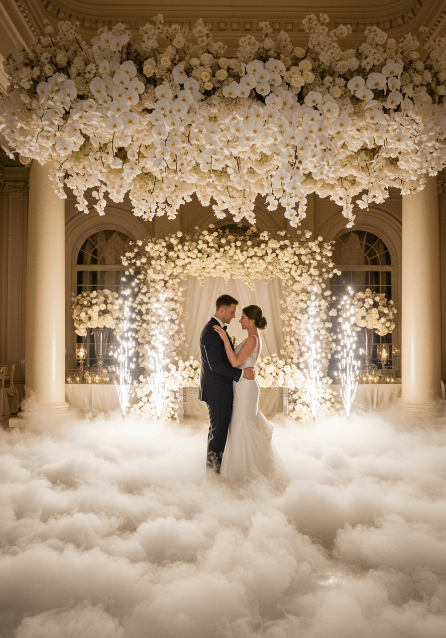 Romantic couple's first dance surrounded by ethereal fog and towering white orchid installations in opulent ballroom