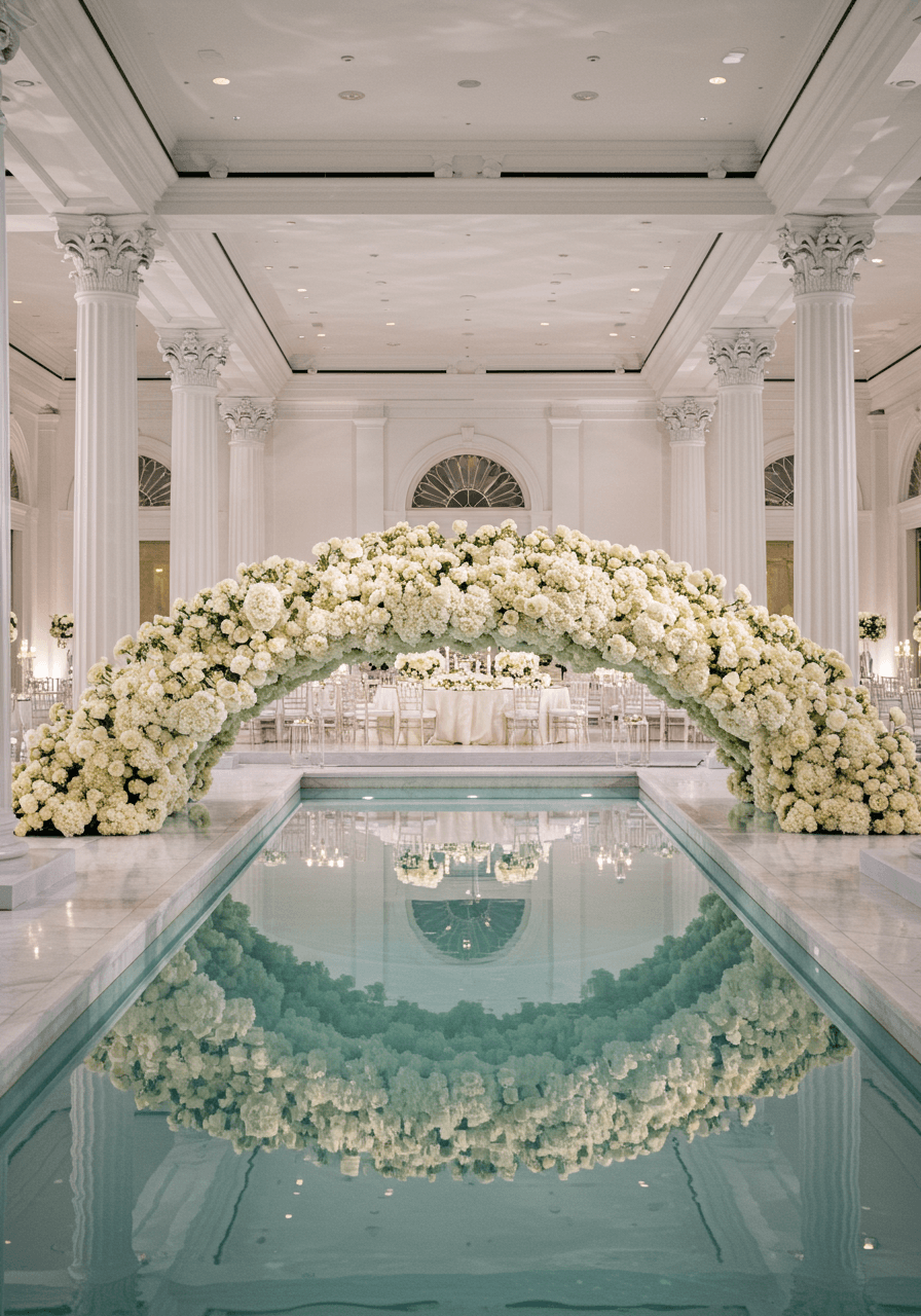 Magical floating floral bridge suspended over crystal-clear reflecting pool in white marble ballroom
