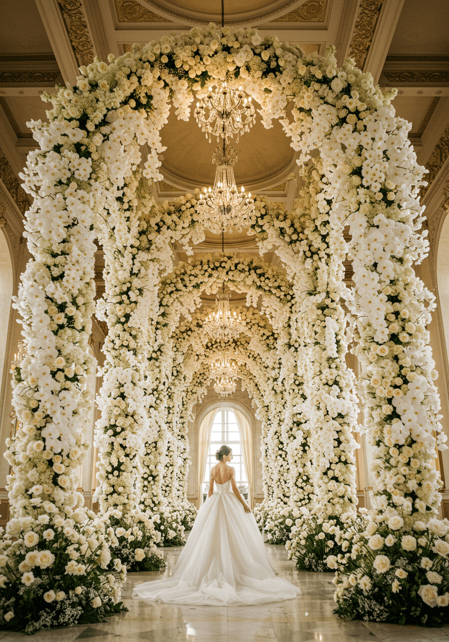 Bride beneath enormous floral cathedral archway with towering Gothic spires made of cascading white orchids and roses