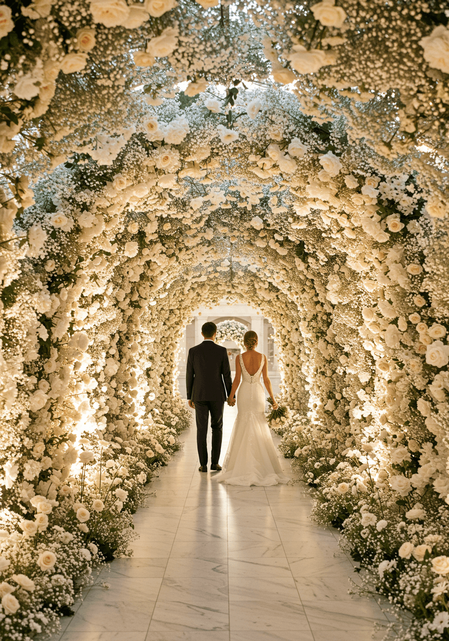Romantic couple walking hand-in-hand through enchanting white floral tunnel archway in elegant garden courtyard