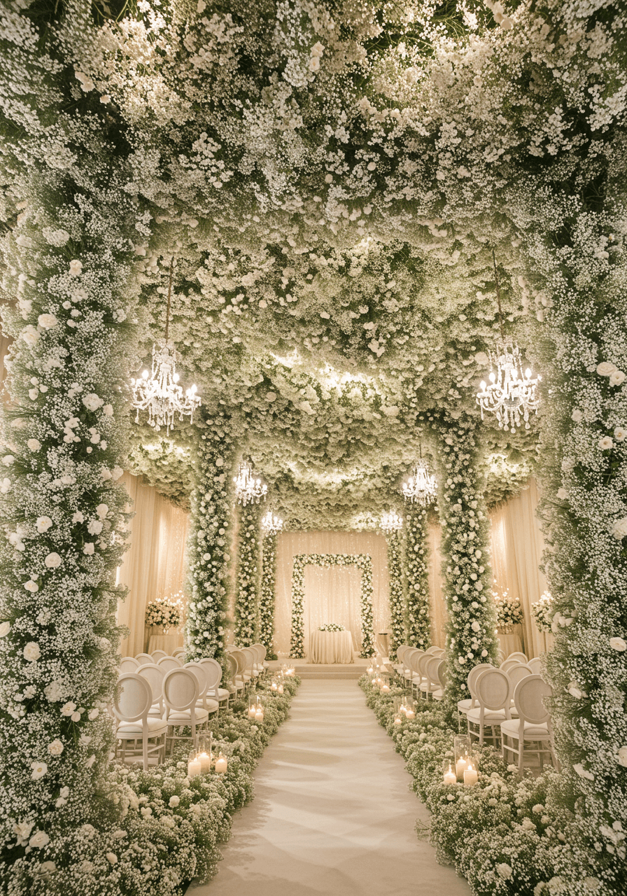 Celestial cathedral wedding with massive baby's breath installations creating galaxy-like canopy with starlit effect