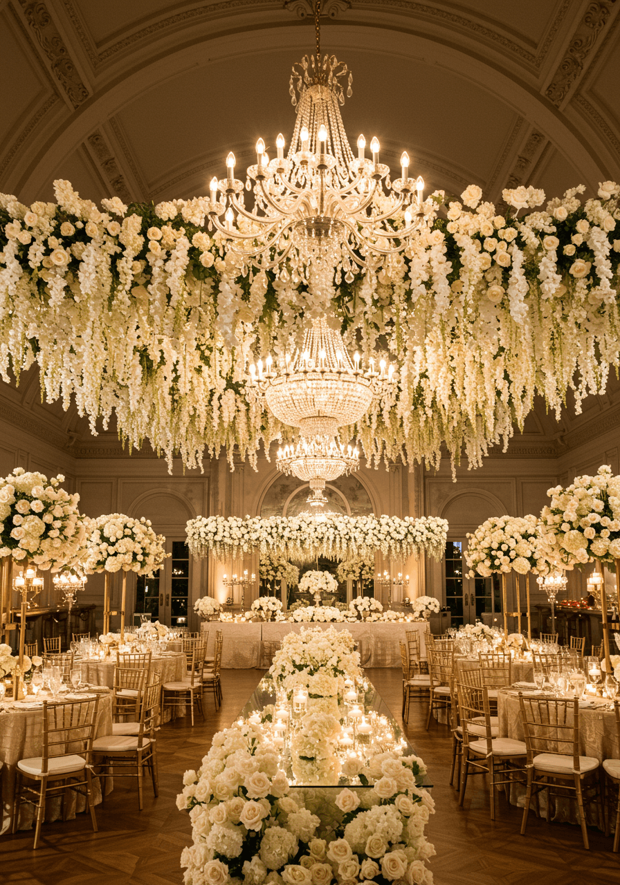 Opulent gilded wedding reception hall with massive white floral installations and crystal chandelier casting golden light