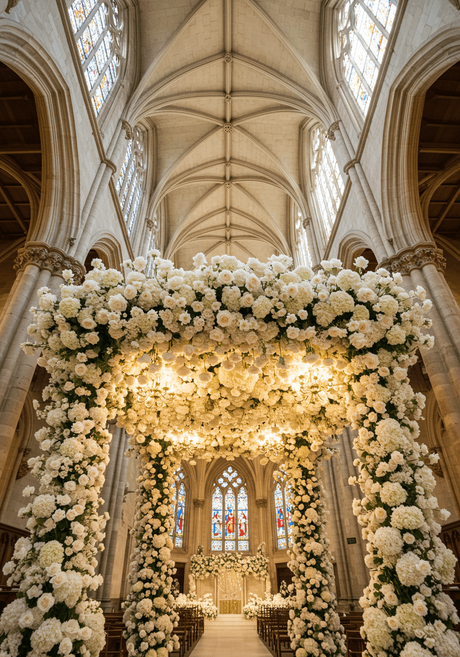Majestic Gothic chapel with towering white floral installations cascading down ornate stone columns