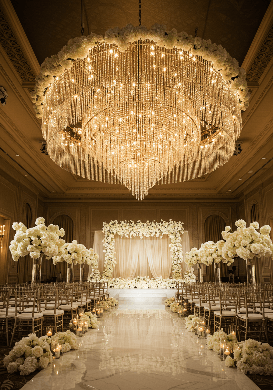 Breathtaking wedding ceremony with magnificent suspended chandelier installation casting luminous light throughout ballroom