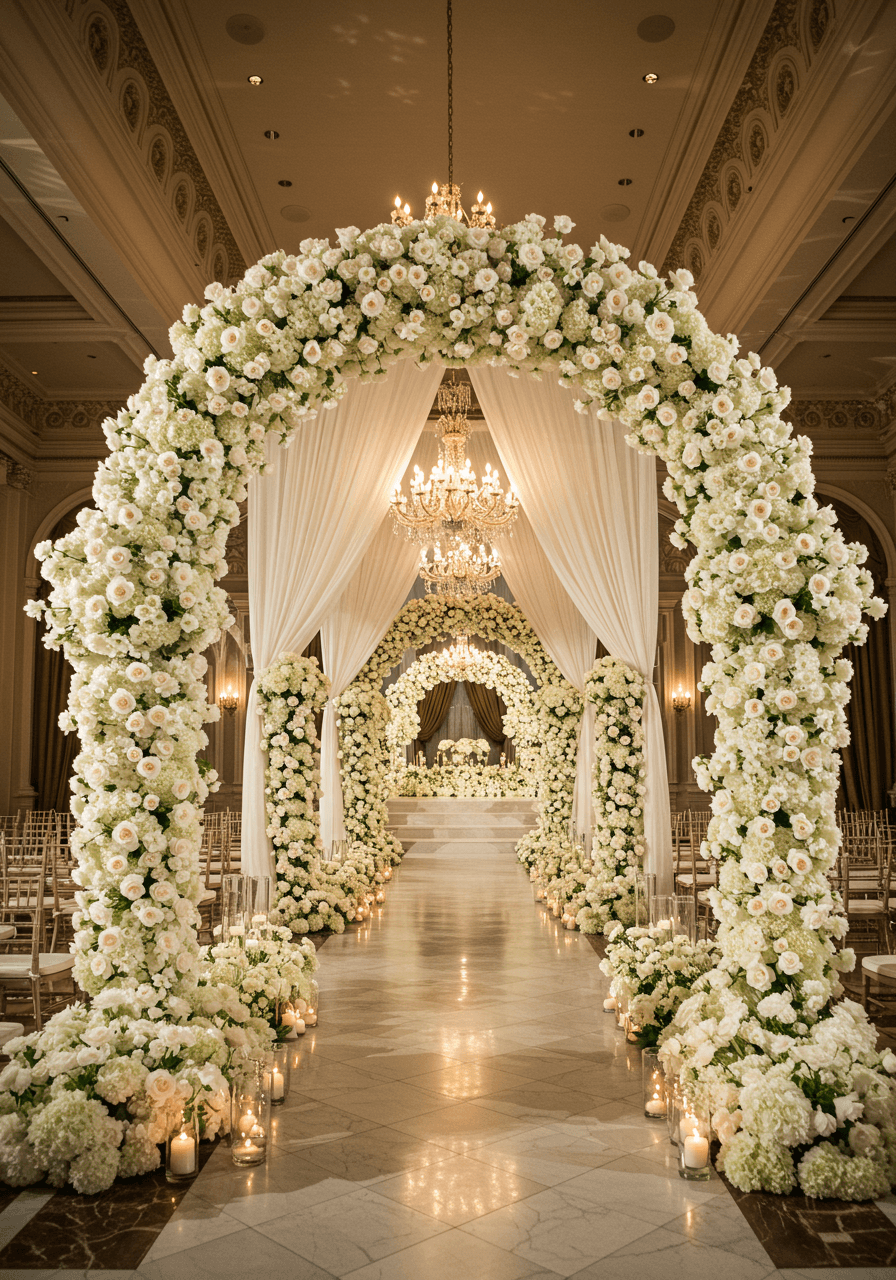 Grand ballroom wedding with towering monochromatic white floral installations creating cathedral-like archways