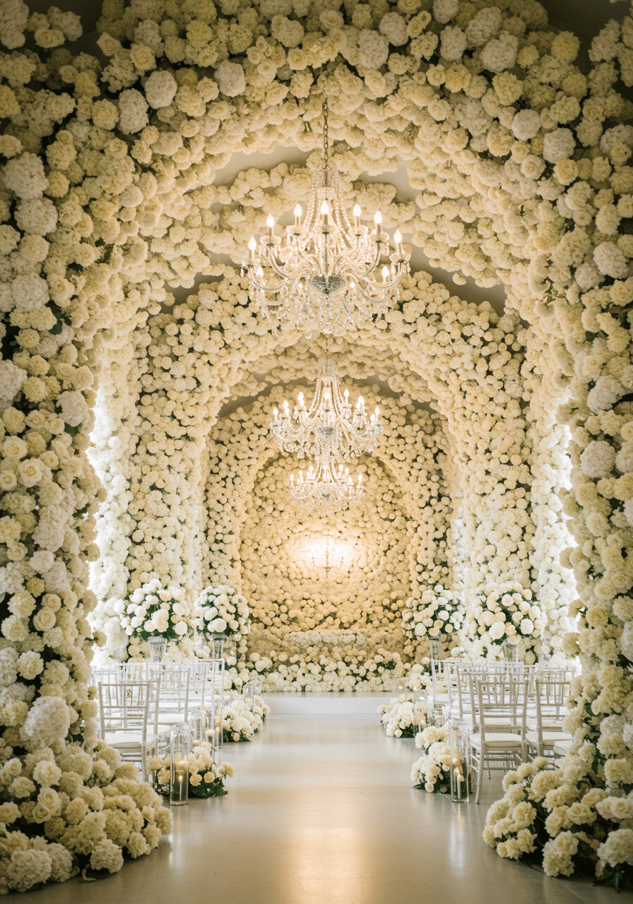 Dreamy cathedral wedding with towering hydrangea installations creating walls of white and cream blooms