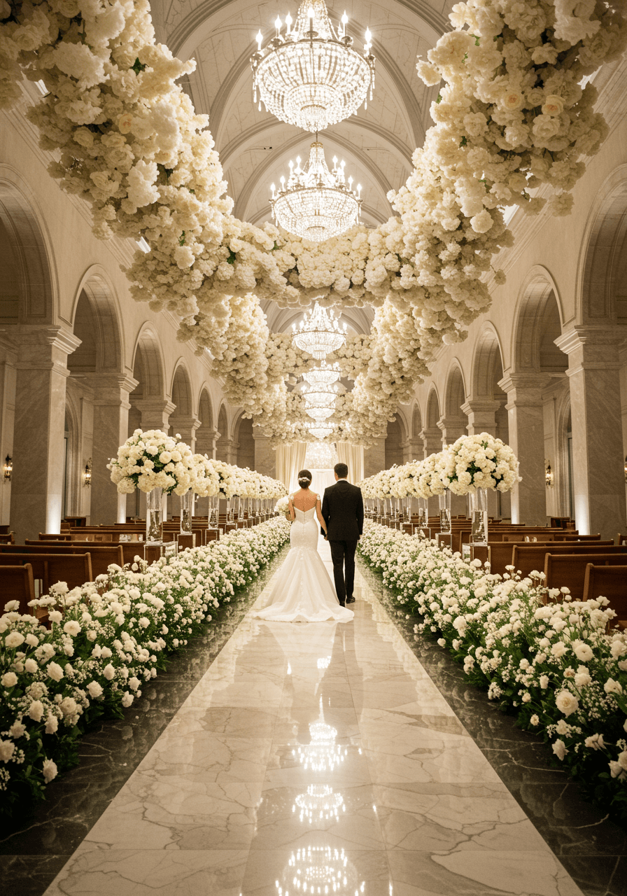 Dramatic infinite wedding aisle with reflective surfaces and endless white floral installations in cathedral venue