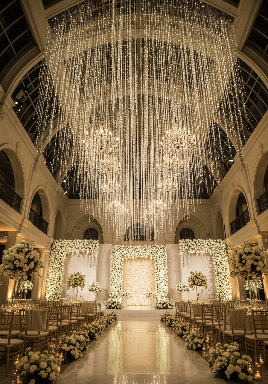 Magnificent crystal chandelier installation creating waterfall-like streams of light in cathedral wedding venue