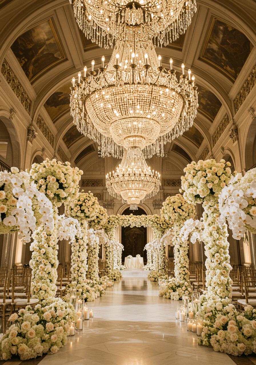 Magnificent crystal chandelier installation with dramatic white orchid columns creating luxurious ceremony space