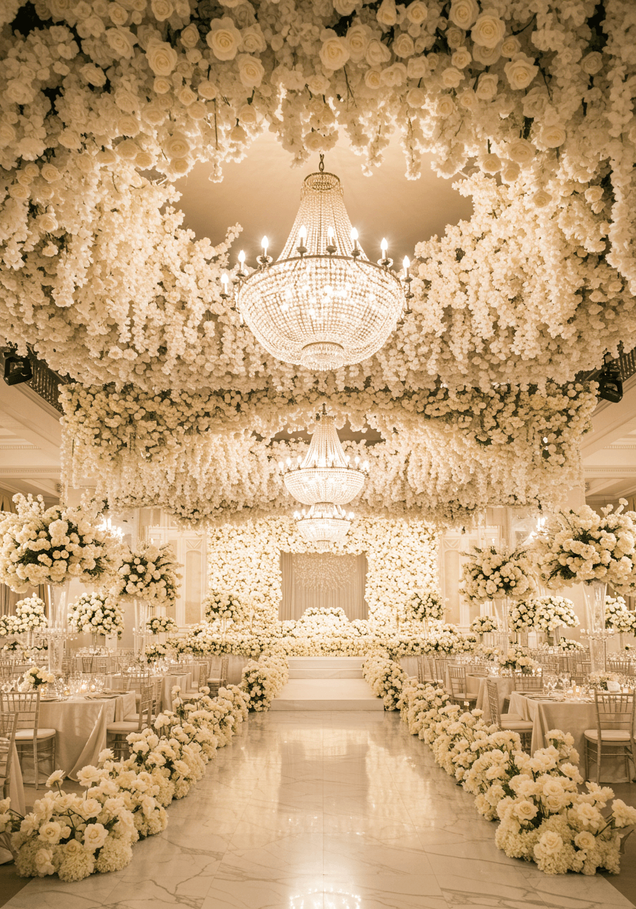 Luxurious grand ballroom transformed with cascading white floral installations and magnificent crystal chandelier centrepiece