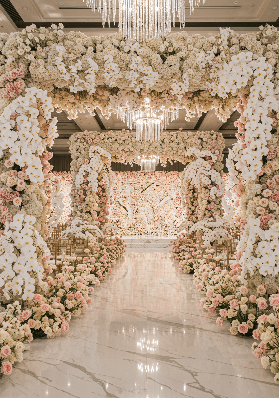 Immersive ballroom transformation with towering white and pink flower walls creating intimate alcoves and pathways