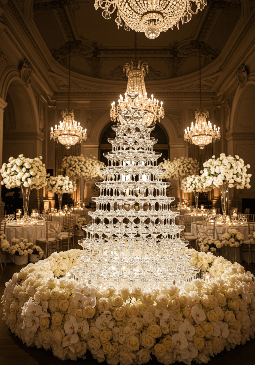 Elegant champagne tower centrepiece with crystal coupes surrounded by cascading white orchids in grand ballroom