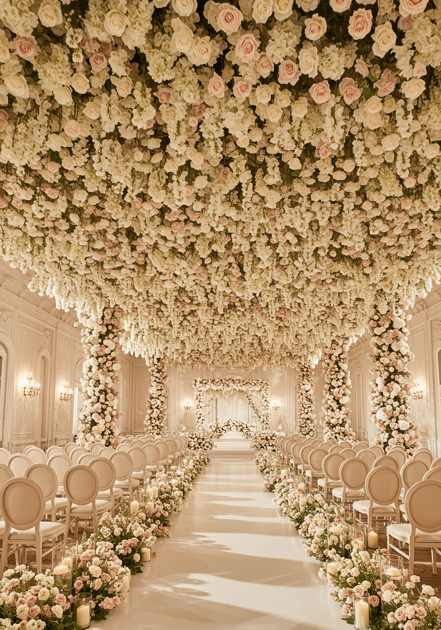 Breathtaking ballroom ceremony completely enveloped by overhead canopy of millions of cascading white and blush roses