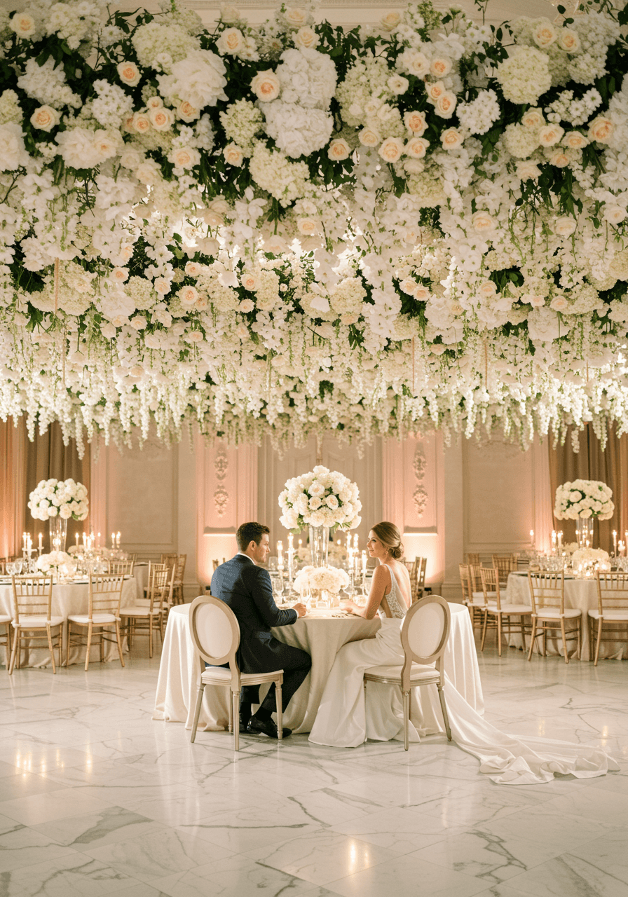 Romantic wedding reception table beneath spectacular suspended white floral ceiling installation in elegant ballroom