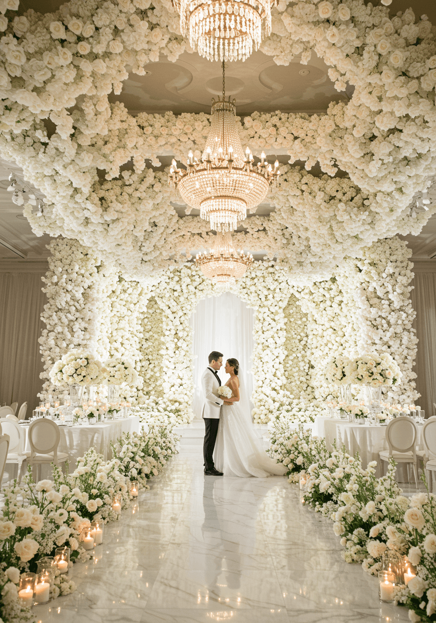 Romantic couple in elegant ballroom completely transformed into all-white sanctuary with towering floral installations
