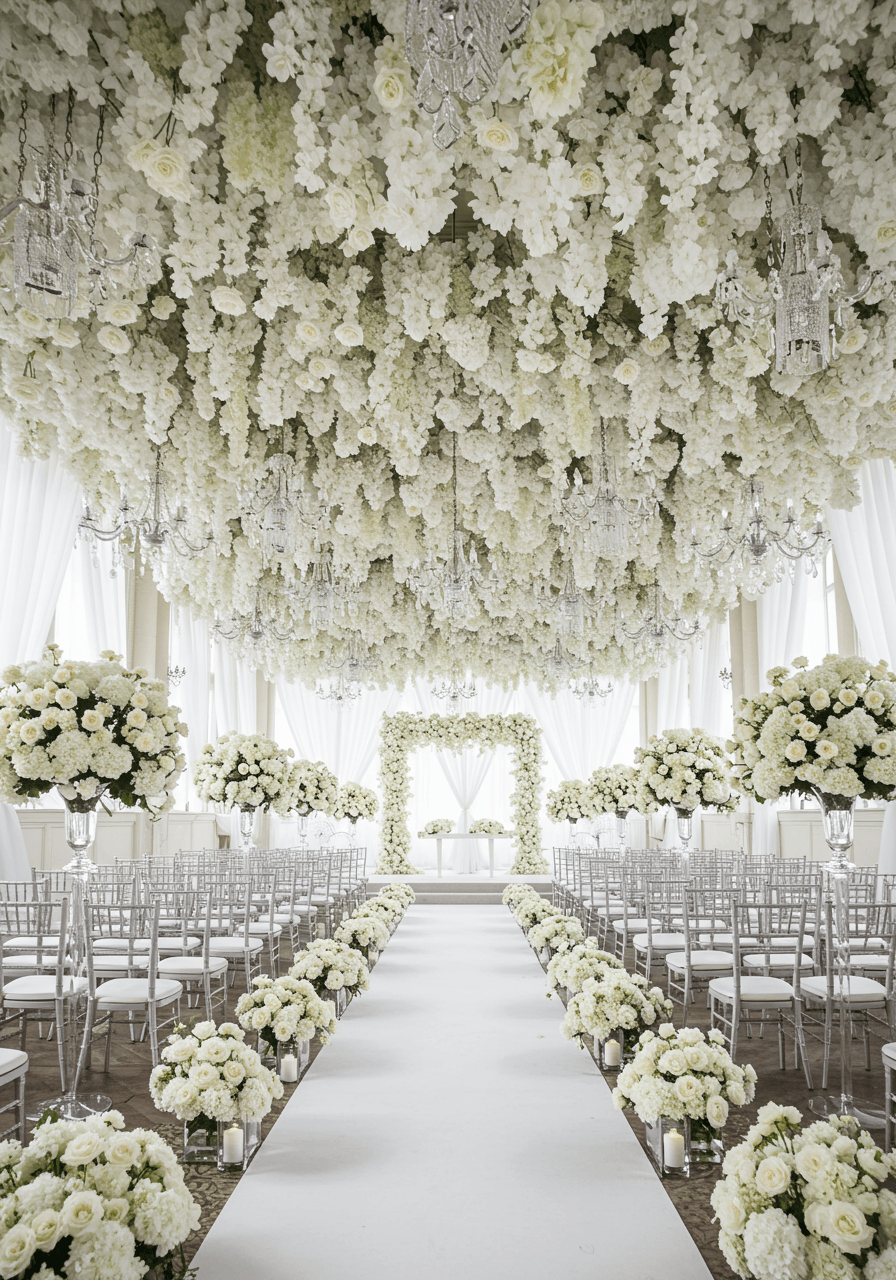 Serene monochromatic cathedral wedding with flowing white drapery and cascading floral installations