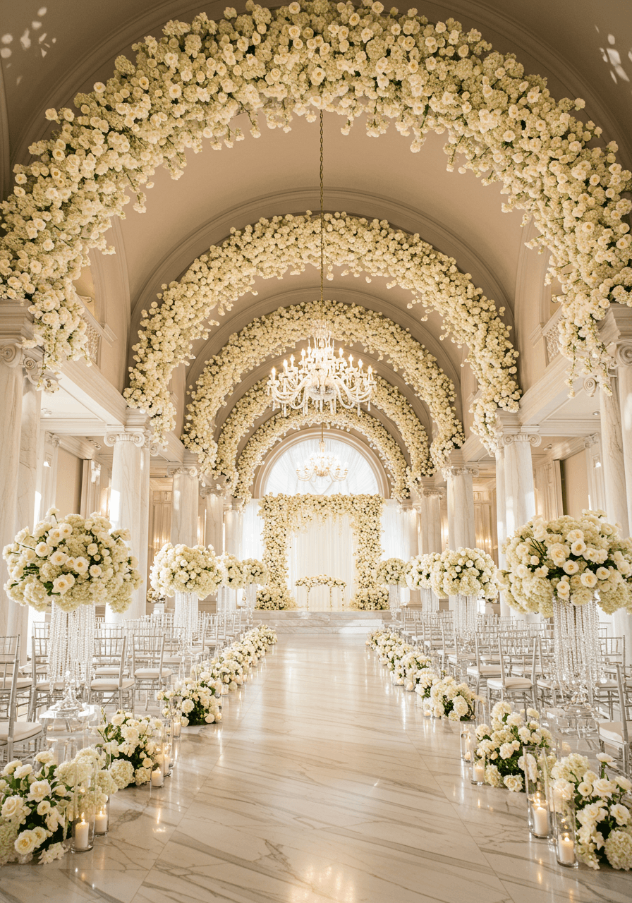 Luxurious all-white wedding ballroom with towering cascading white rose installations and crystal chandelier centrepiece