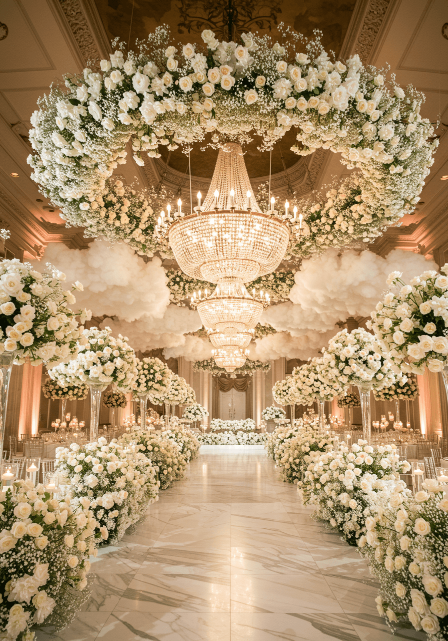 Winter wonderland ballroom with towering white floral installations cascading from ornate crystal chandelier