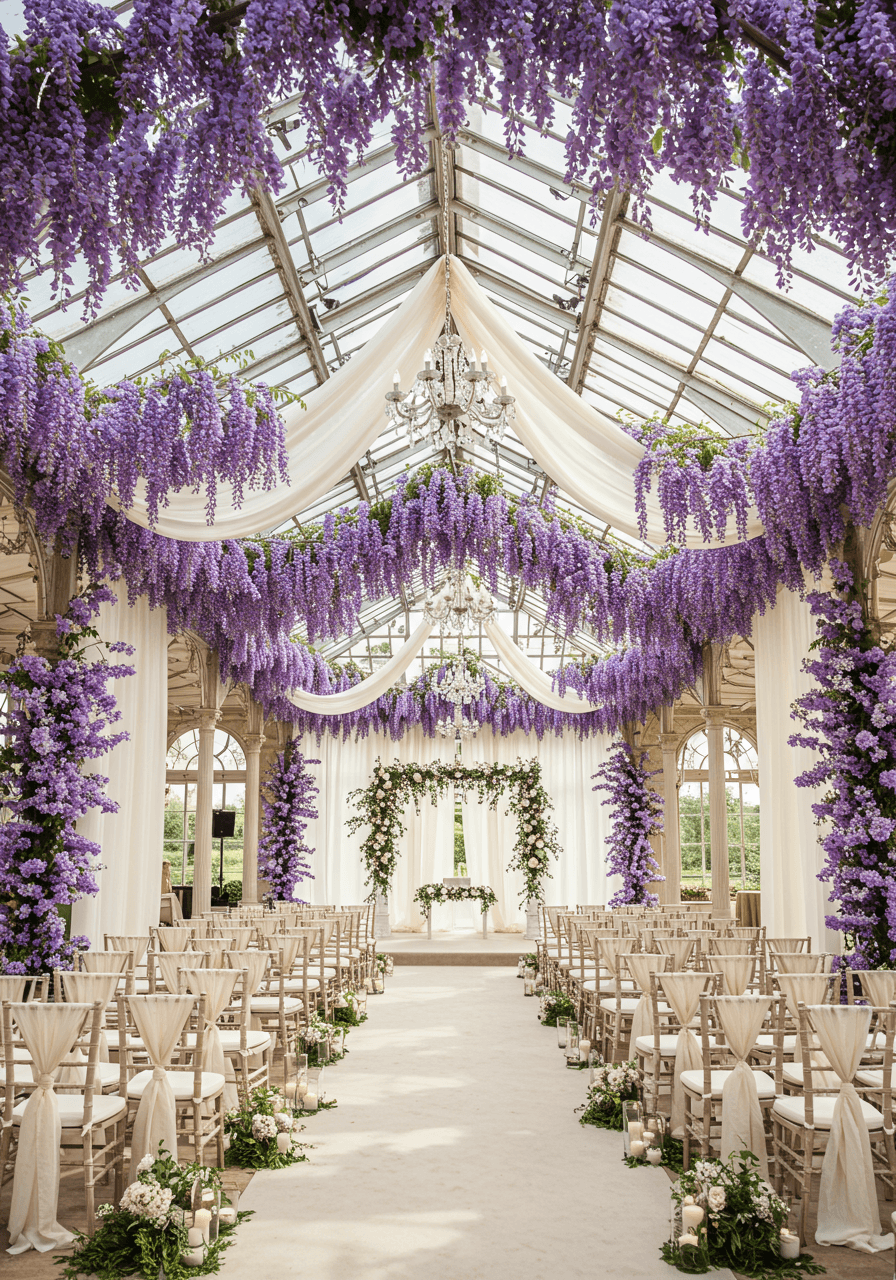 Magical glass conservatory wedding ceremony with cascading purple wisteria blooms and cream draping creating fairytale atmosphere