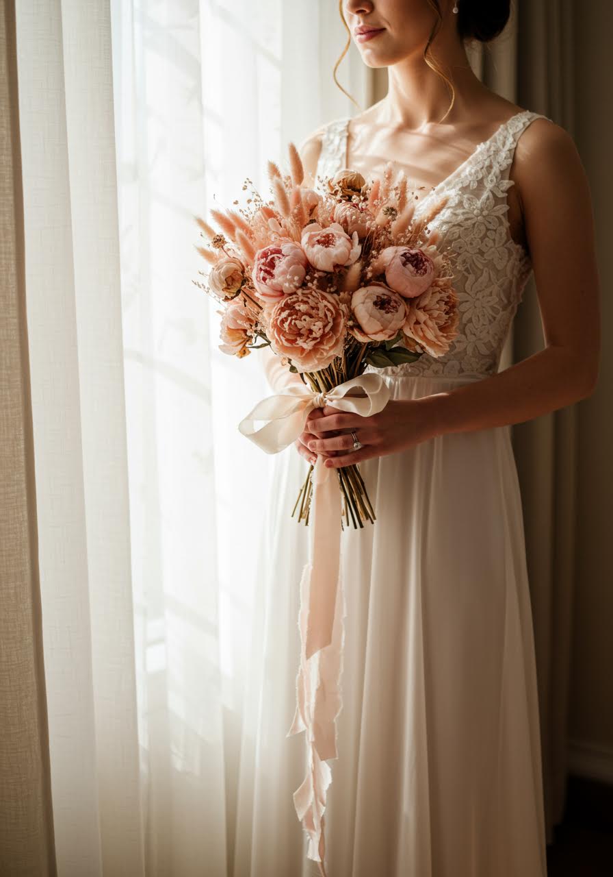 Radiant bride holding luxurious dried peony bouquet in soft blush pink tones in a sunlit bridal suite