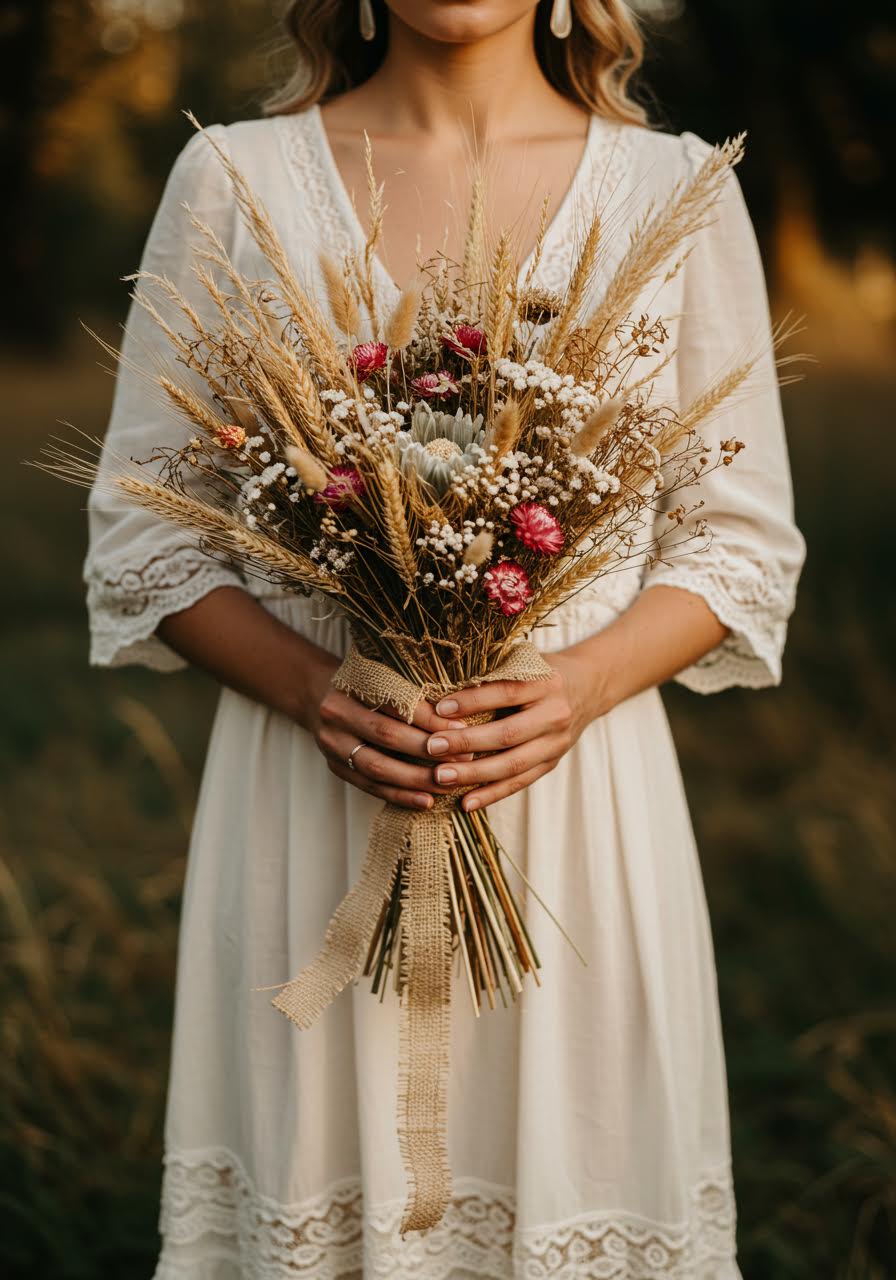 Free-spirited bohemian bride in flowing cotton dress holding abundant dried wildflower and golden wheat bouquet