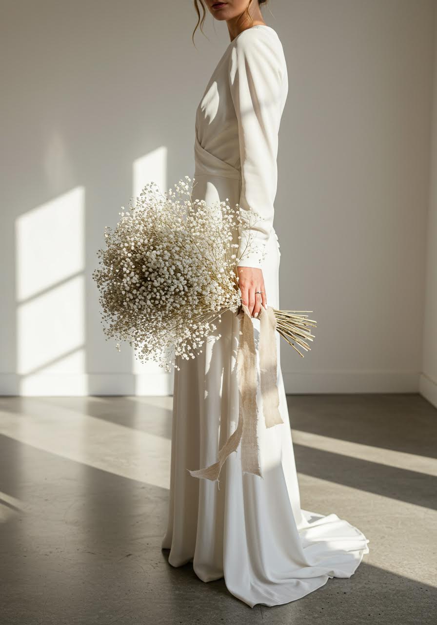 Ethereal dried white baby's breath bridal bouquet with silk ribbon in modern chapel featuring clean white architecture