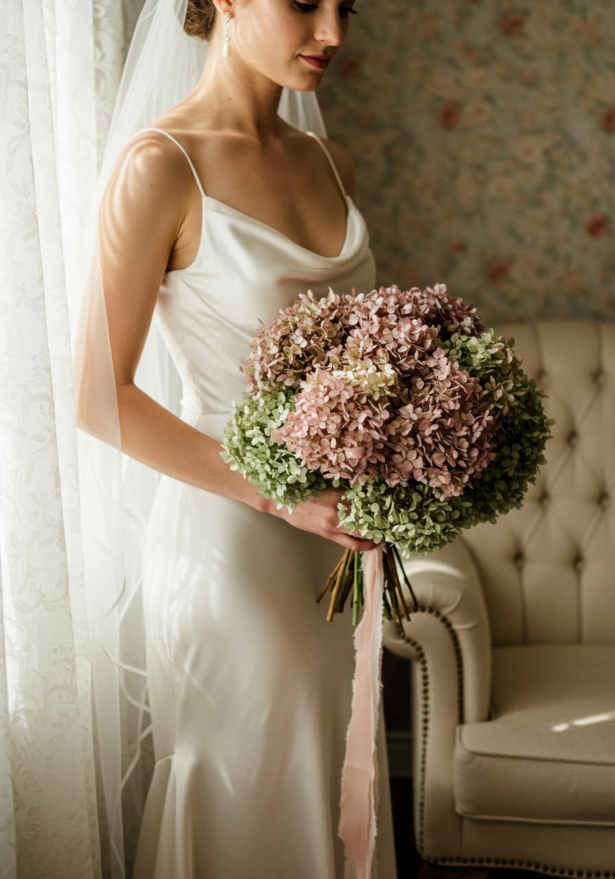 Elegant bride in ivory silk dress holding substantial textured dried hydrangea bouquet in dusty rose and sage green tones