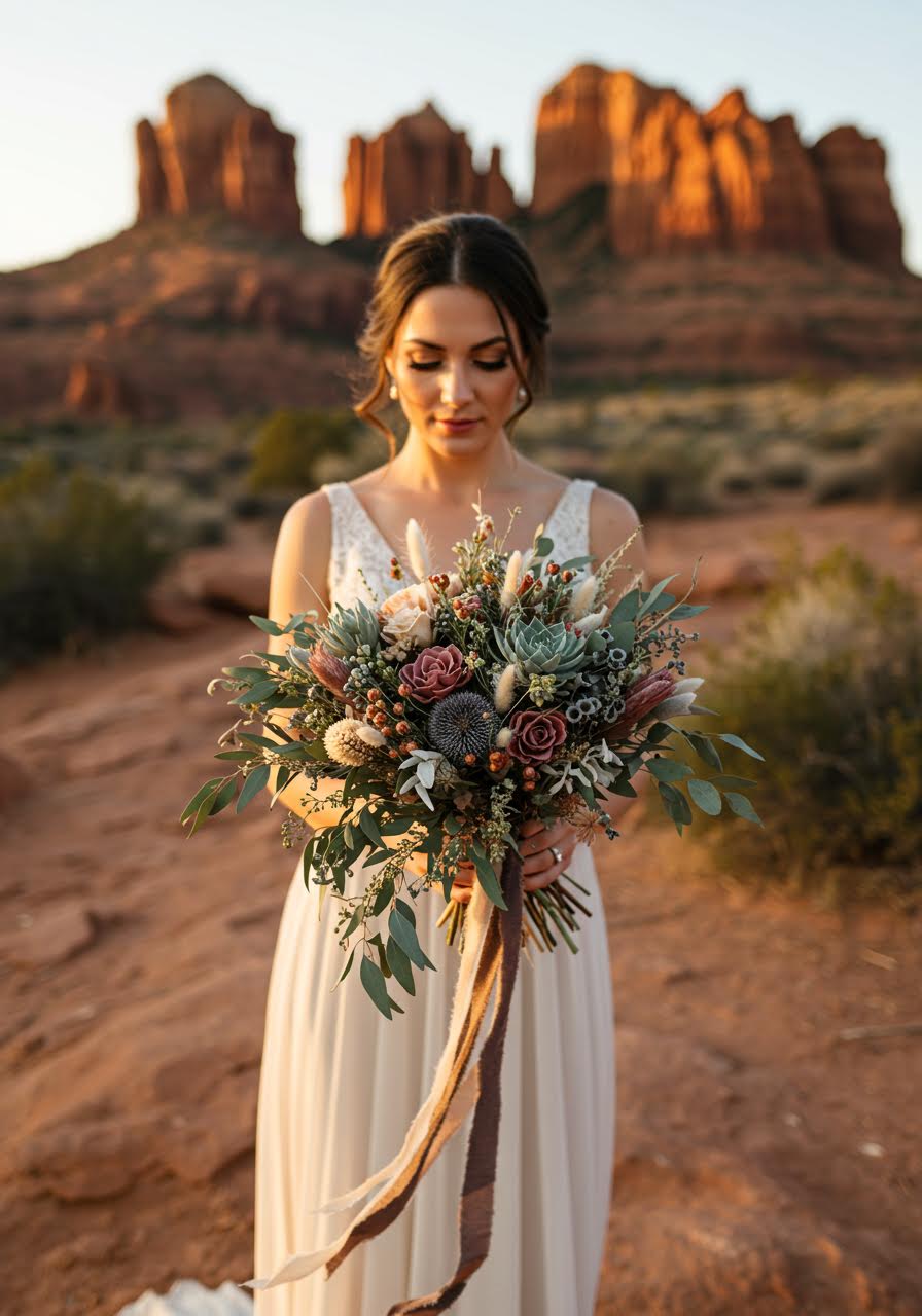Adventurous bride holding rustic dried flower bouquet with preserved succulents and eucalyptus in dramatic desert landscape