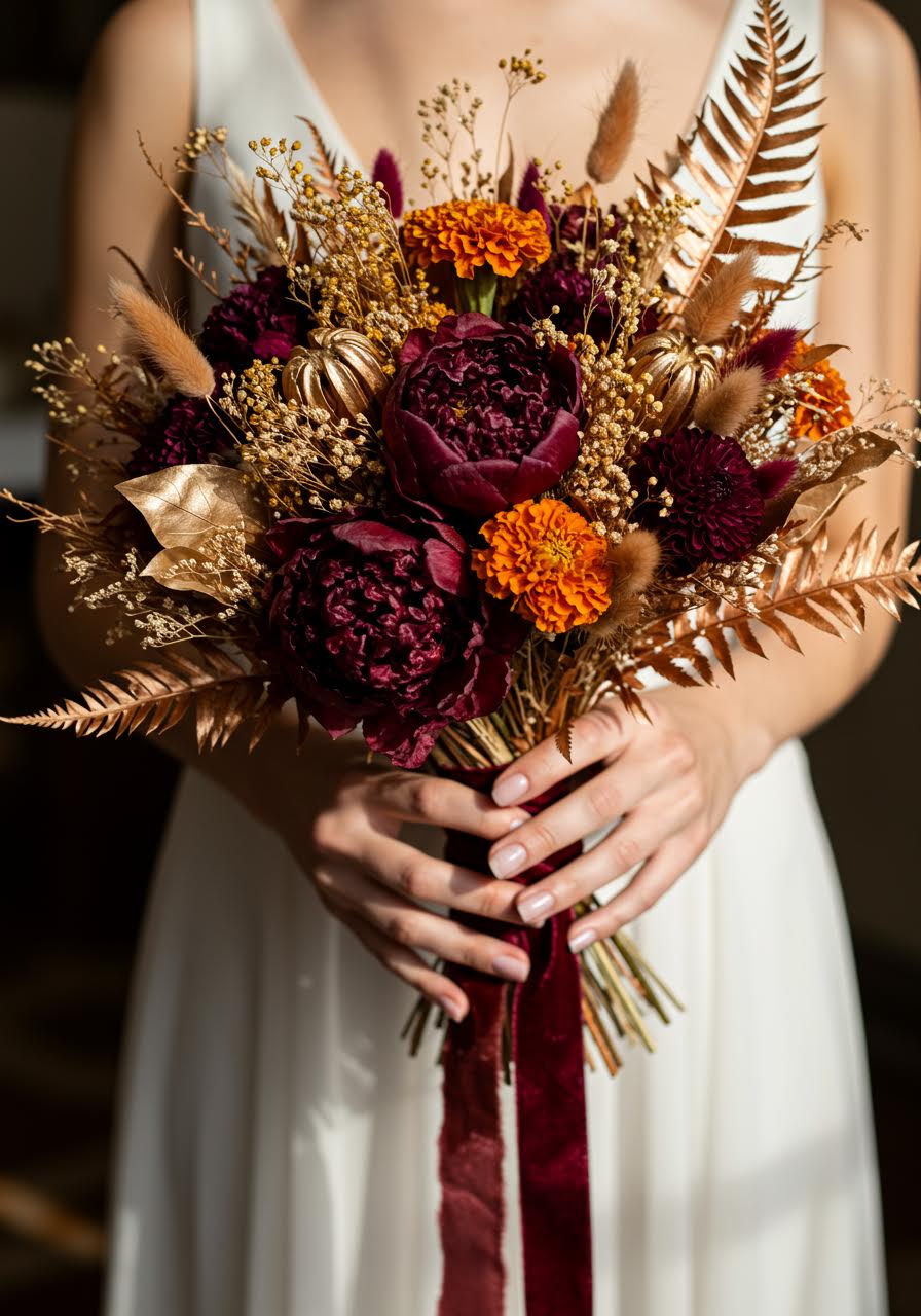 Opulent dried flower bouquet showcasing deep burgundy peonies and golden amaranth stems in an elegant venue