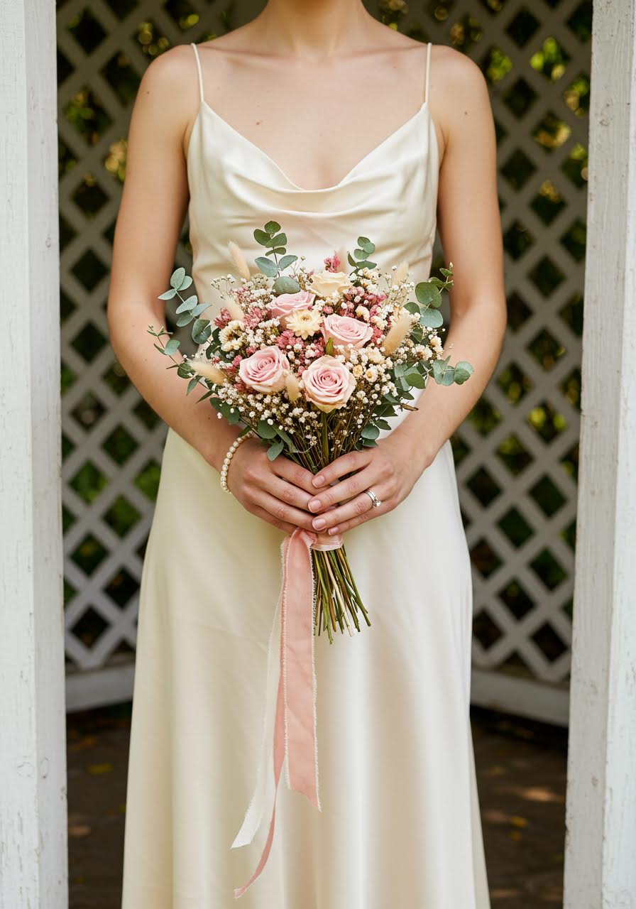 Charming compact round dried flower bouquet with soft pastel roses and baby's breath in romantic garden gazebo setting