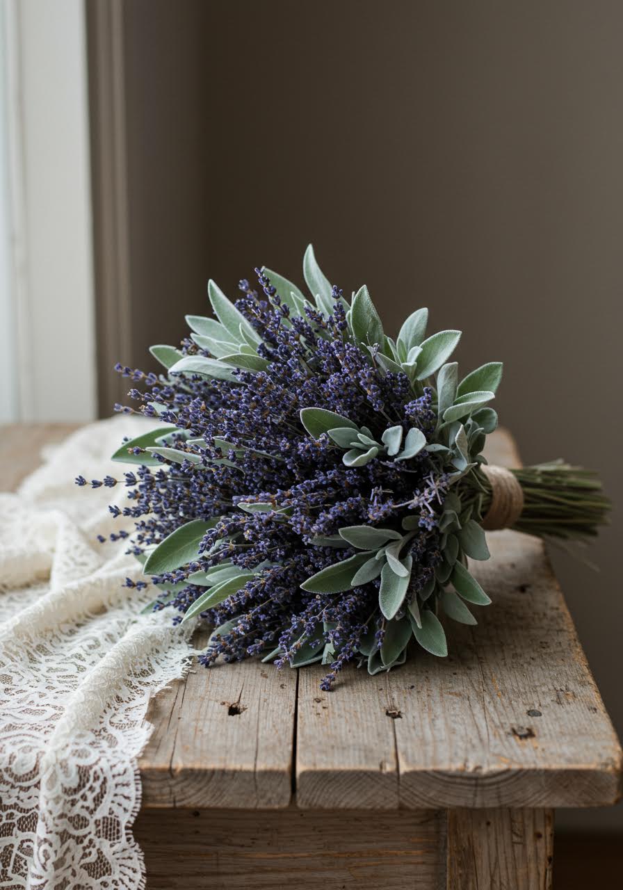 Fragrant dried lavender sprigs and sage branches wedding bouquet with silvery-green foliage displayed on rustic wooden surface