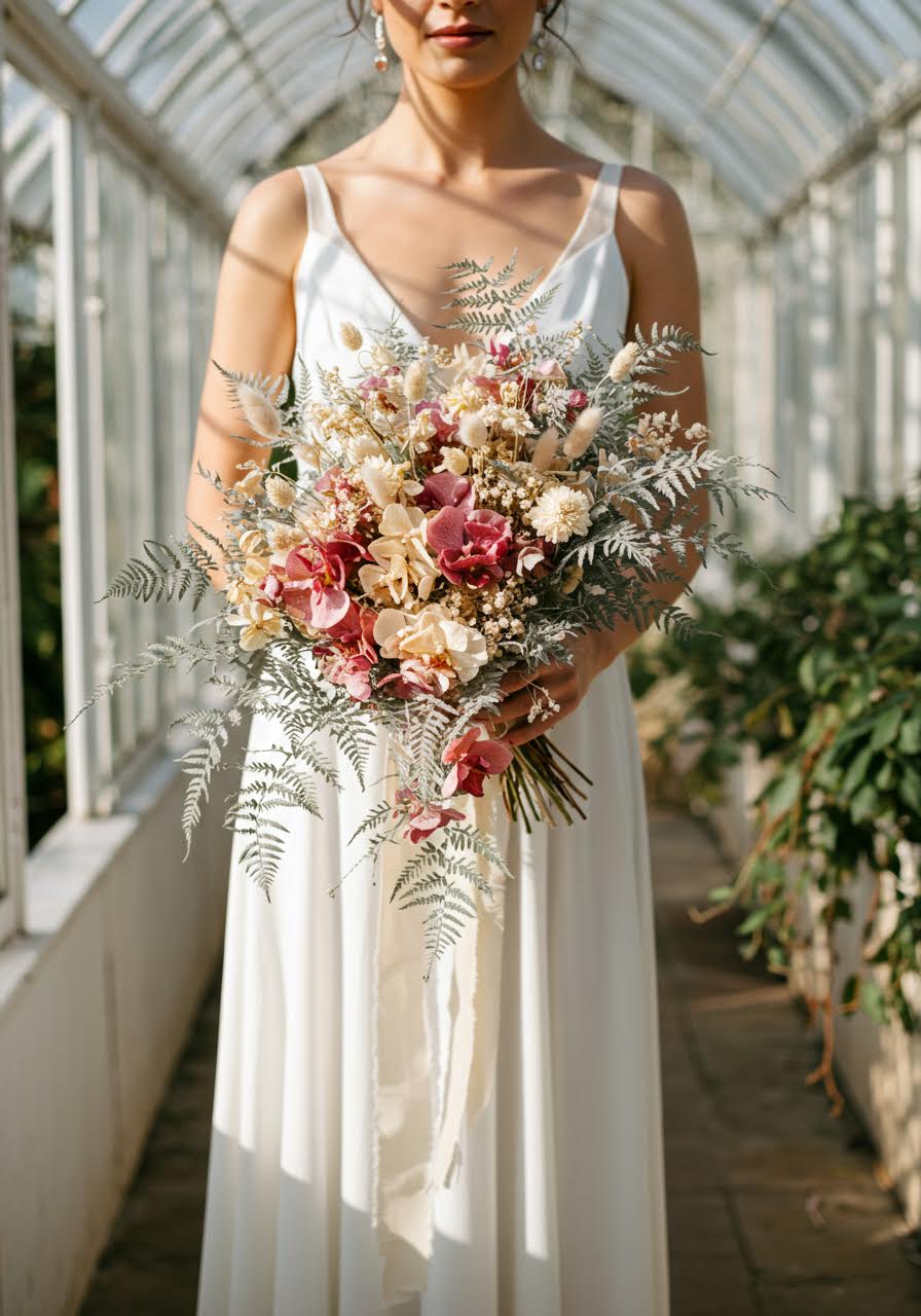 Sophisticated bride holding elegant dried orchid and fern bouquet with cascading exotic blooms in sunlit conservatory