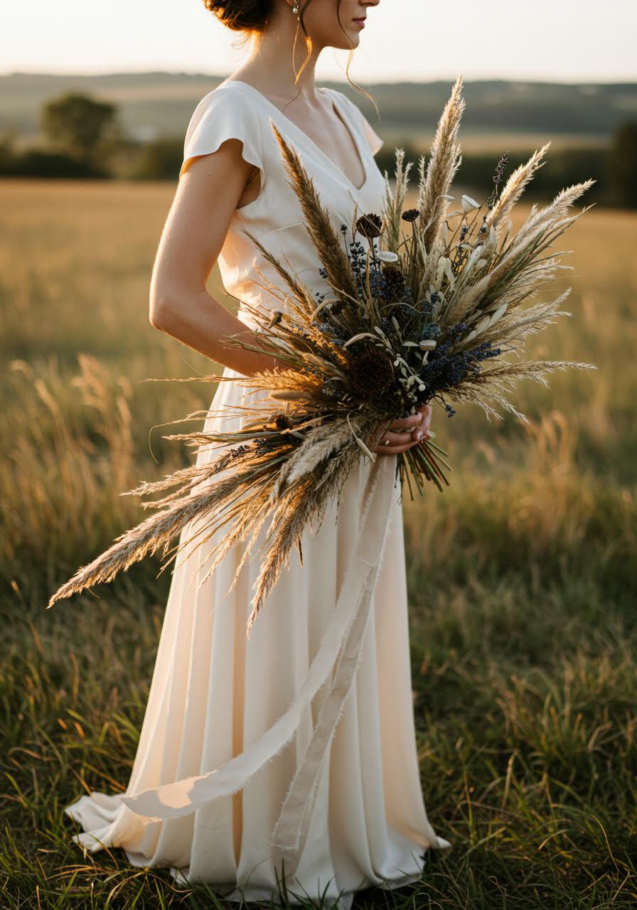 Free-spirited bride in flowing ivory gown holding wild asymmetrical dried bouquet with ornamental grasses in countryside meadow