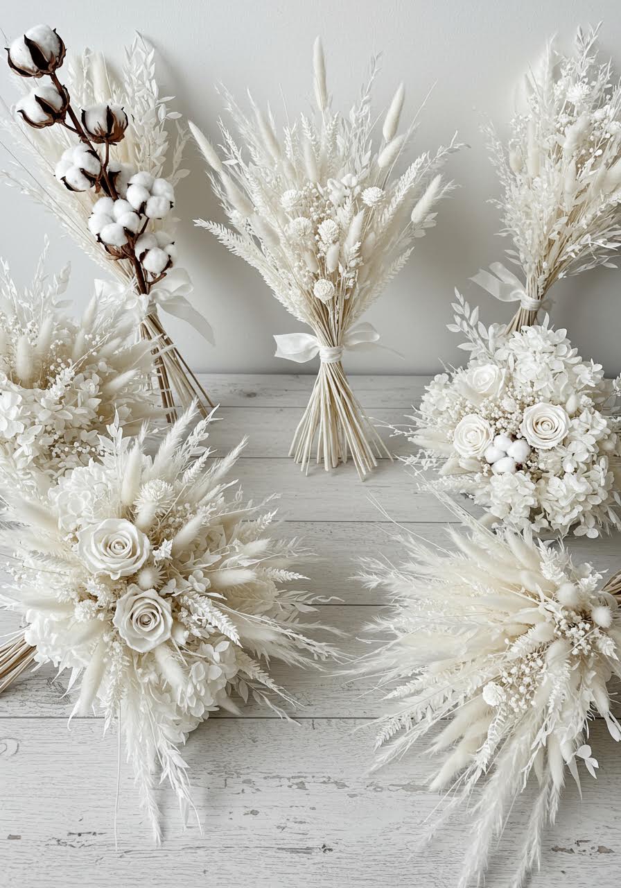 Stunning collection of monochromatic white dried flower bouquets with cotton bolls and preserved white roses on weathered wooden table
