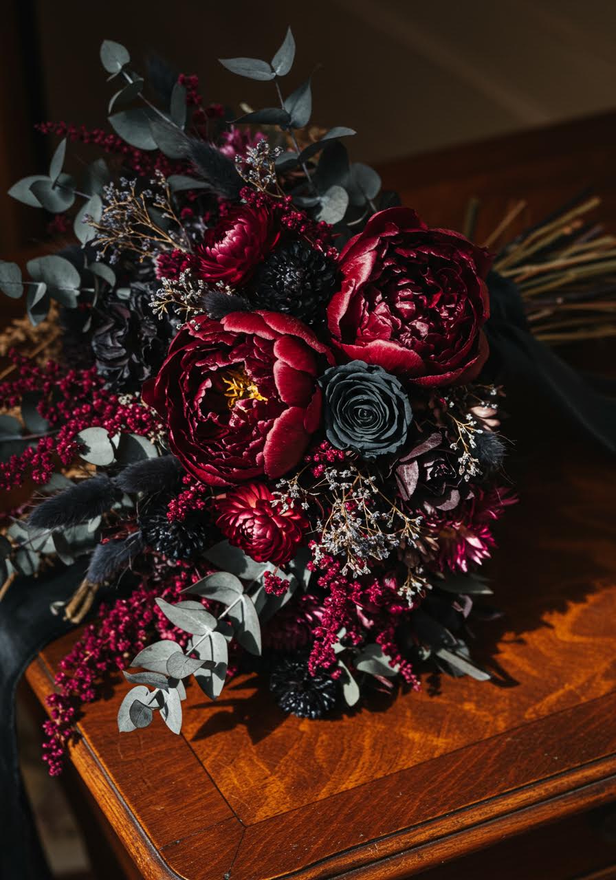 Dramatic dried flower bouquet featuring deep burgundy peonies and nearly black roses on vintage mahogany table surface